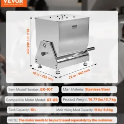 VEVOR Manual Meat Mixer, 15L Tilt Tank Meat Processing Equipment(Mixing Max 15LBS for Meat), Stainless Steel Meat Mixer, Sausage Mixer Machine with Lid Handle Gear Reducer, Ground Beef Hand Mixer
