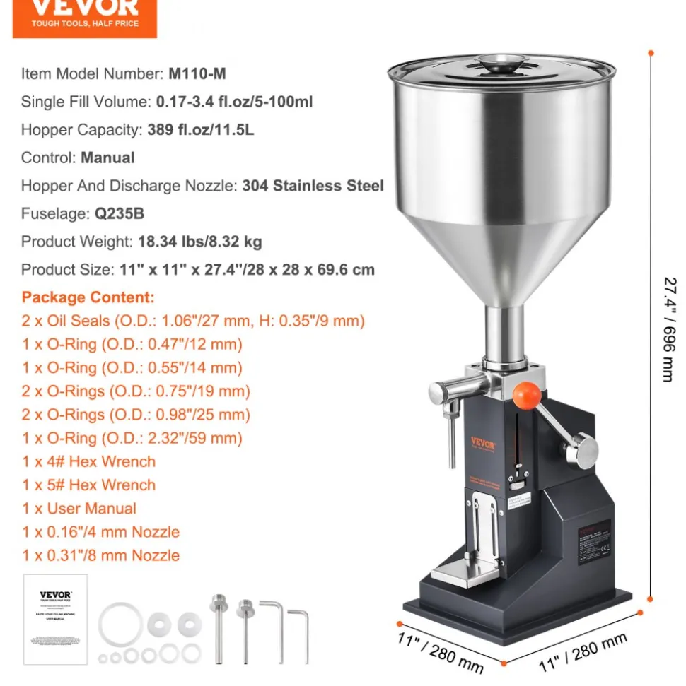 VEVOR Manual Paste Liquid Filling Machine, 5-100ml Bottle Filler, Adjustable Bottle Filling Machine, Stainless Steel Liquid Filler with Hopper for Milk Water Juice Essential Oil Shampoo Cosmetic Honey