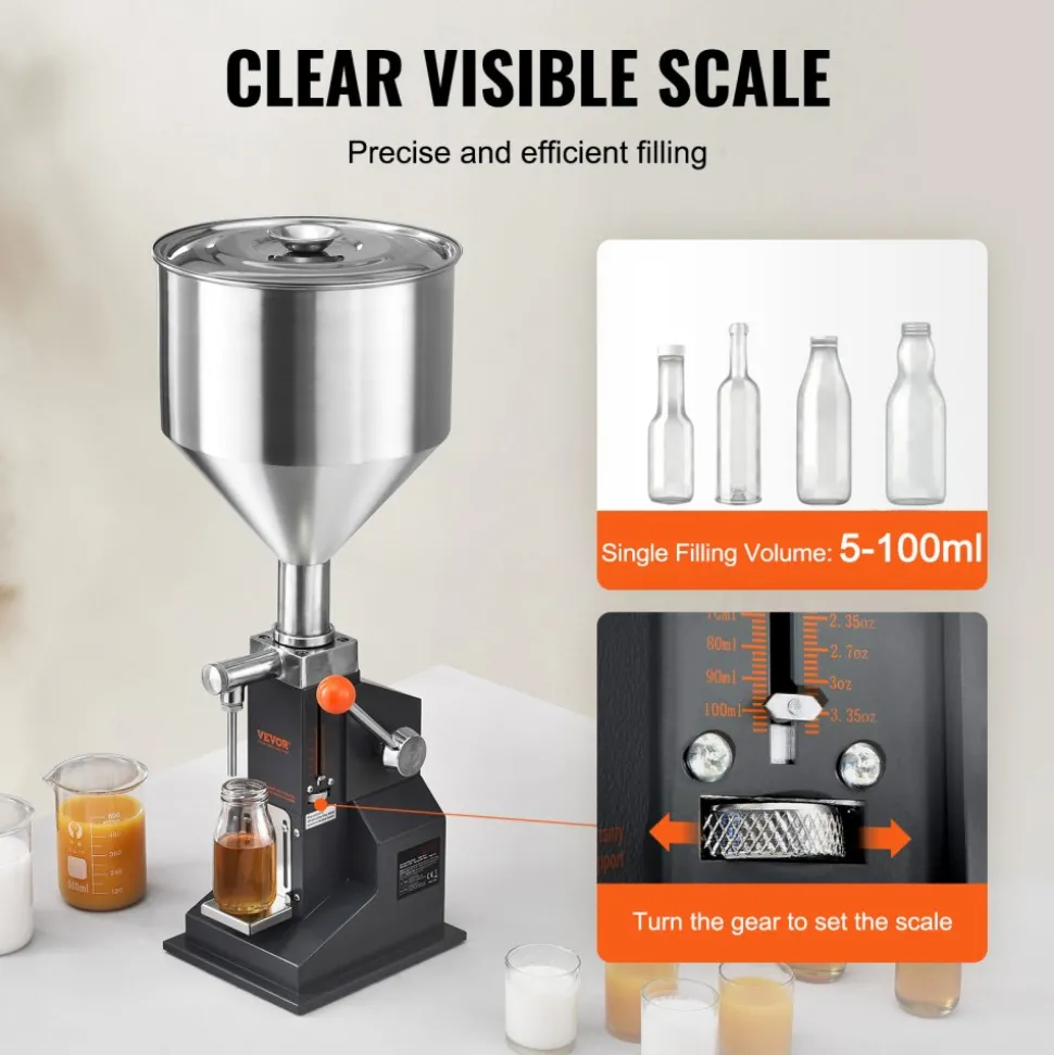 VEVOR Manual Paste Liquid Filling Machine, 5-100ml Bottle Filler, Adjustable Bottle Filling Machine, Stainless Steel Liquid Filler with Hopper for Milk Water Juice Essential Oil Shampoo Cosmetic Honey