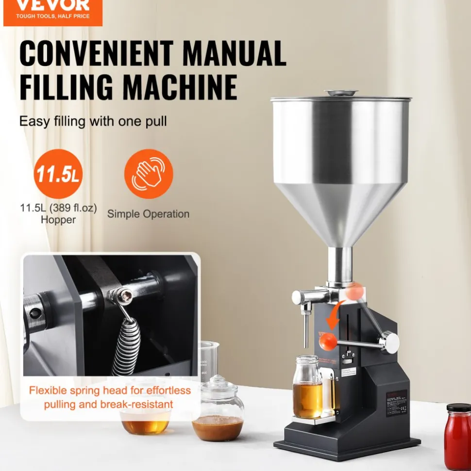 VEVOR Manual Paste Liquid Filling Machine, 5-100ml Bottle Filler, Adjustable Bottle Filling Machine, Stainless Steel Liquid Filler with Hopper for Milk Water Juice Essential Oil Shampoo Cosmetic Honey
