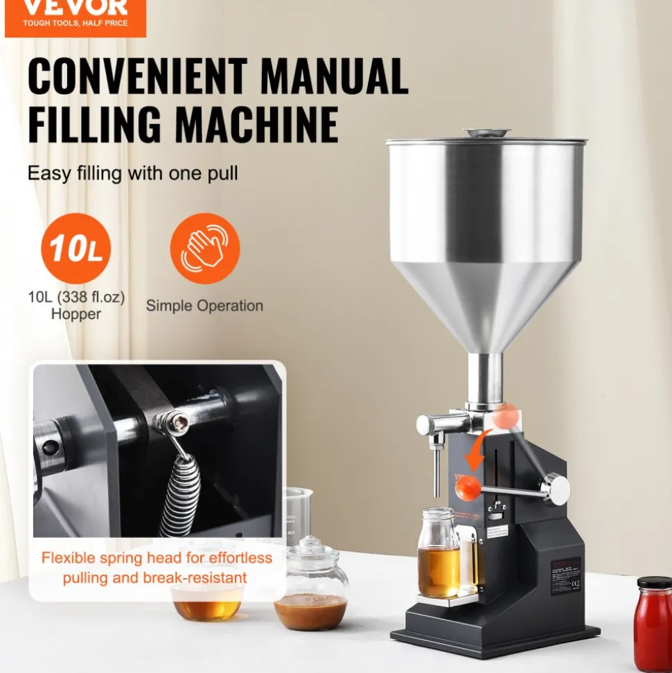 VEVOR Manual Paste Liquid Filling Machine, 5-50ml Bottle Filler, Adjustable Bottle Filling Machine, Stainless Steel Liquid Filler with Hopper for Milk Water Juice Essential Oil Shampoo Cosmetic Honey