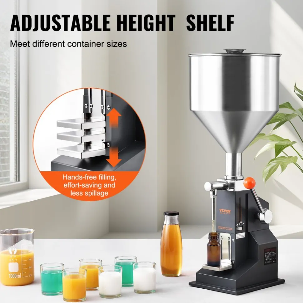 VEVOR Manual Paste Liquid Filling Machine, 5-50ml Bottle Filler, Adjustable Bottle Filling Machine, Stainless Steel Liquid Filler with Hopper for Milk Water Juice Essential Oil Shampoo Cosmetic Honey
