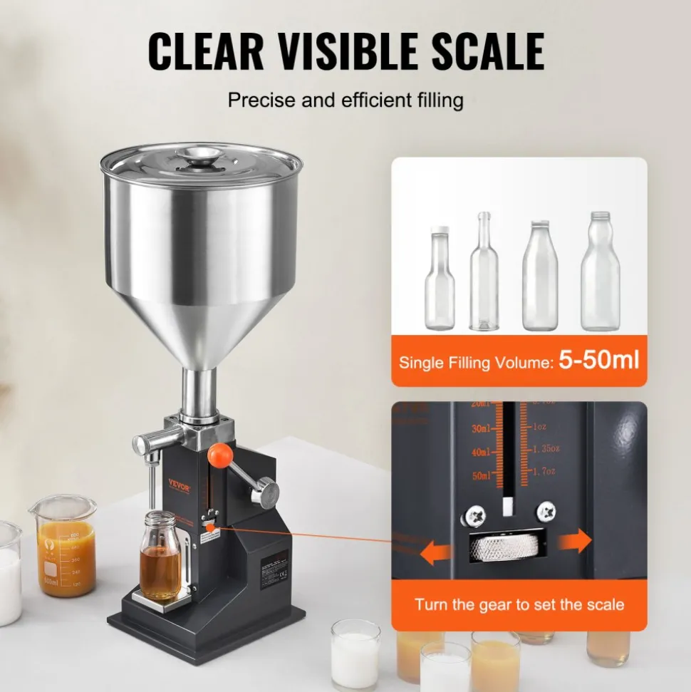 VEVOR Manual Paste Liquid Filling Machine, 5-50ml Bottle Filler, Adjustable Bottle Filling Machine, Stainless Steel Liquid Filler with Hopper for Milk Water Juice Essential Oil Shampoo Cosmetic Honey