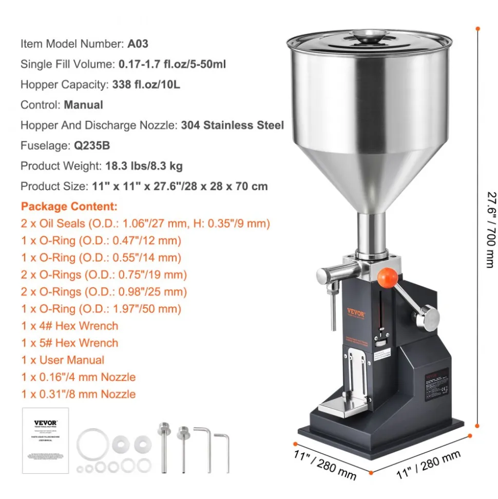 VEVOR Manual Paste Liquid Filling Machine, 5-50ml Bottle Filler, Adjustable Bottle Filling Machine, Stainless Steel Liquid Filler with Hopper for Milk Water Juice Essential Oil Shampoo Cosmetic Honey