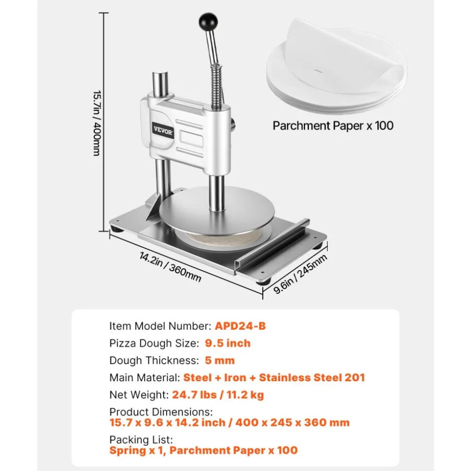 VEVOR Manual Pizza Dough Press Machine, 9.5 inch Pizza Pastry Press Plate, Stainless Steel Bread Presser, Commercial Chapati Sheet Crust Maker, Forming Machine with Handle and 100 Pcs Parchment Paper