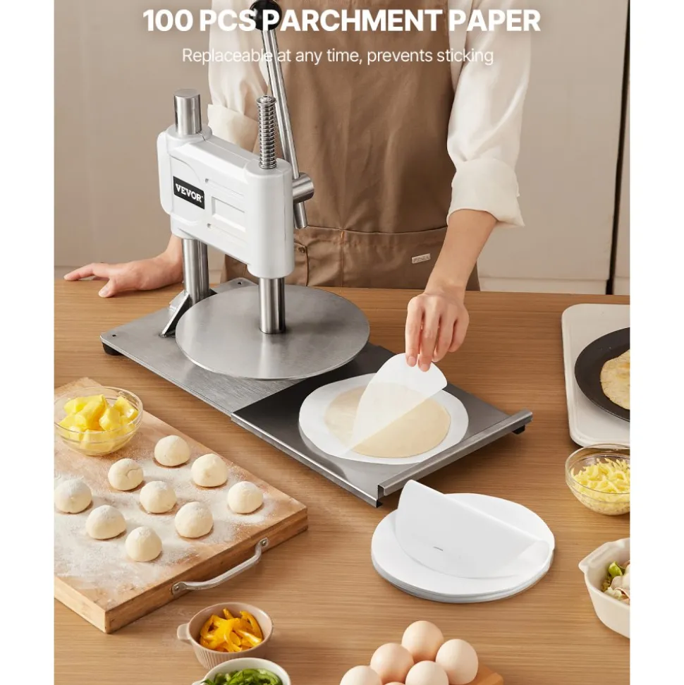 VEVOR Manual Pizza Dough Press Machine, 9.5 inch Pizza Pastry Press Plate, Stainless Steel Bread Presser, Commercial Chapati Sheet Crust Maker, Forming Machine with Handle and 100 Pcs Parchment Paper