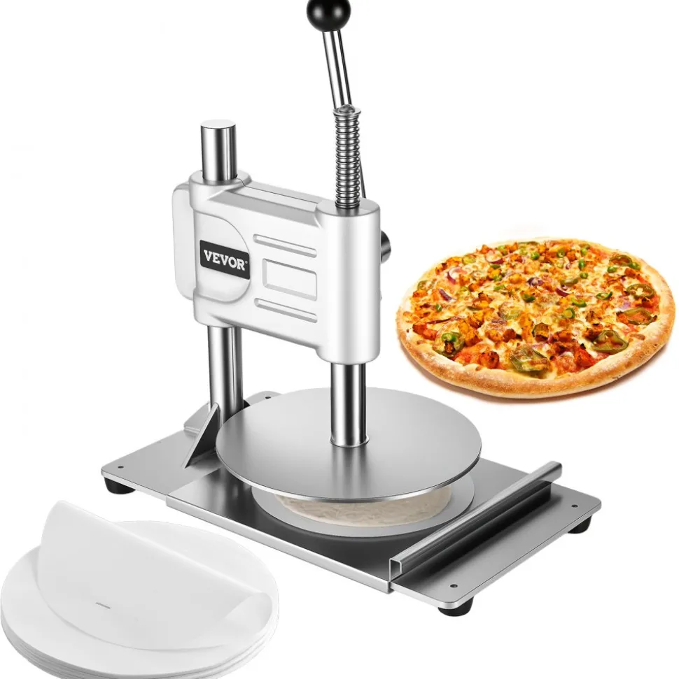 VEVOR Manual Pizza Dough Press Machine, 9.5 inch Pizza Pastry Press Plate, Stainless Steel Bread Presser, Commercial Chapati Sheet Crust Maker, Forming Machine with Handle and 100 Pcs Parchment Paper