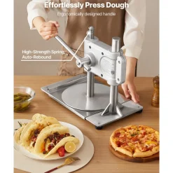 VEVOR Manual Pizza Dough Press Machine, 9.5 inch Pizza Pastry Press Plate, Stainless Steel Bread Presser, Commercial Chapati Sheet Crust Maker, Forming Machine with Handle and 100 Pcs Parchment Paper