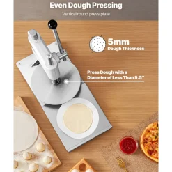 VEVOR Manual Pizza Dough Press Machine, 9.5 inch Pizza Pastry Press Plate, Stainless Steel Bread Presser, Commercial Chapati Sheet Crust Maker, Forming Machine with Handle and 100 Pcs Parchment Paper