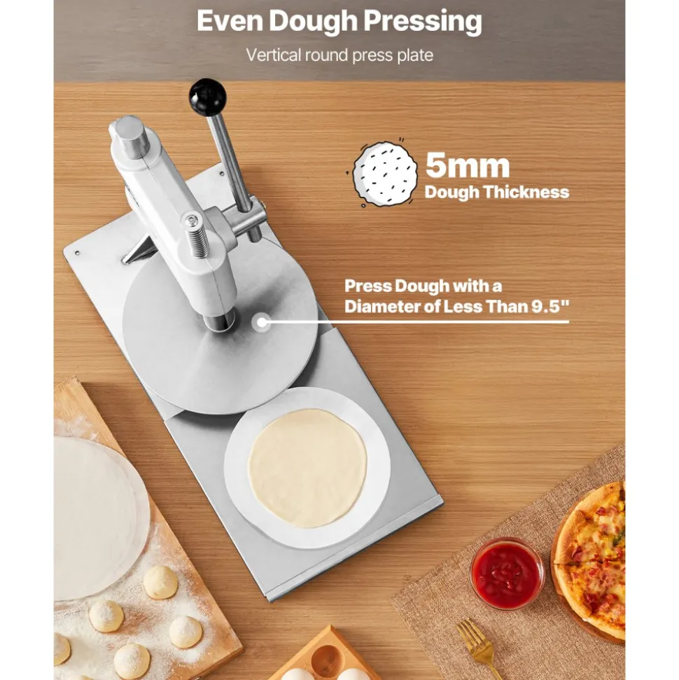 VEVOR Manual Pizza Dough Press Machine, 9.5 inch Pizza Pastry Press Plate, Stainless Steel Bread Presser, Commercial Chapati Sheet Crust Maker, Forming Machine with Handle and 100 Pcs Parchment Paper