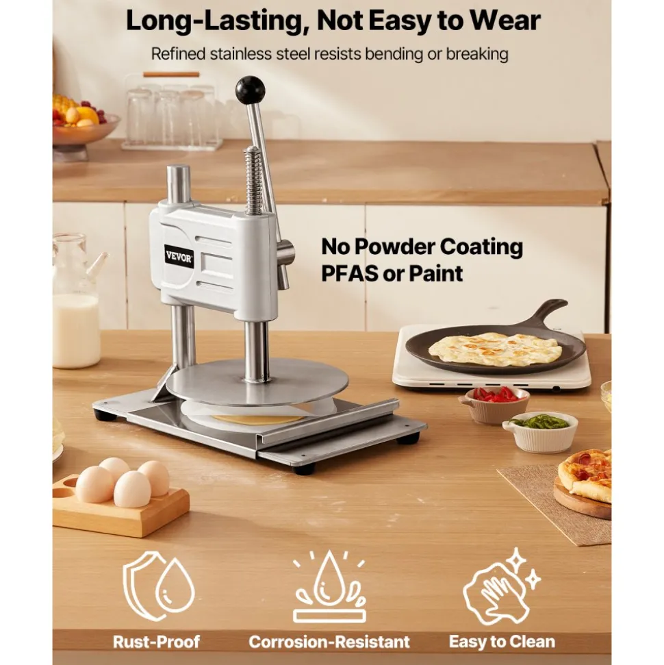VEVOR Manual Pizza Dough Press Machine, 9.5 inch Pizza Pastry Press Plate, Stainless Steel Bread Presser, Commercial Chapati Sheet Crust Maker, Forming Machine with Handle and 100 Pcs Parchment Paper