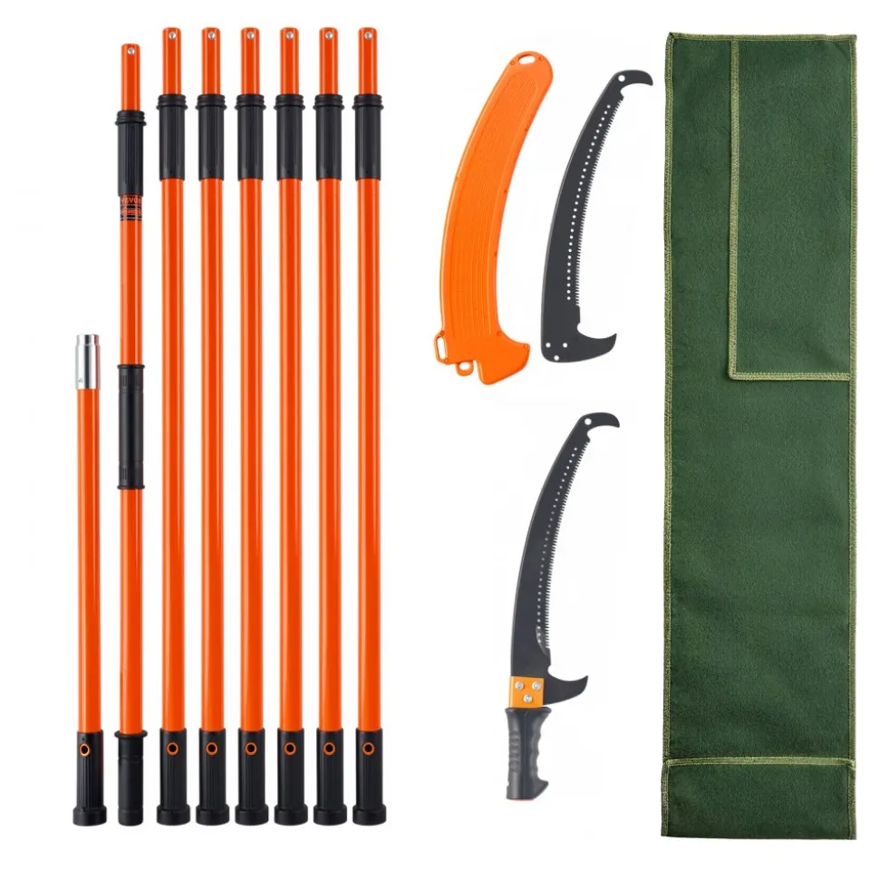VEVOR Manual Pole Saw, 3.87-27 ft Extendable Pole Tree Pruner, Sharp 65Mn Steel Blade, Lightweight Fiberglass Handle Pole, Double-Hook Saw for High Branch Trimming, Pruning Tool for Palms, Shrubs