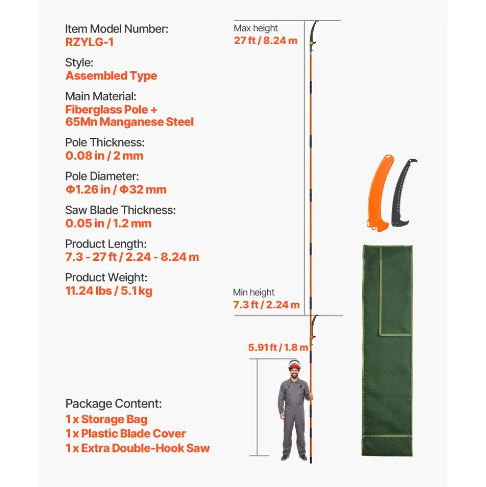 VEVOR Manual Pole Saw, 3.87-27 ft Extendable Pole Tree Pruner, Sharp 65Mn Steel Blade, Lightweight Fiberglass Handle Pole, Double-Hook Saw for High Branch Trimming, Pruning Tool for Palms, Shrubs