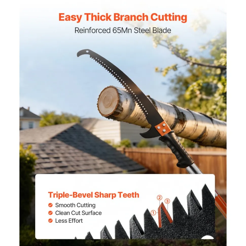 VEVOR Manual Pole Saw, 3.87-27 ft Extendable Pole Tree Pruner, Sharp 65Mn Steel Blade, Lightweight Fiberglass Handle Pole, Double-Hook Saw for High Branch Trimming, Pruning Tool for Palms, Shrubs