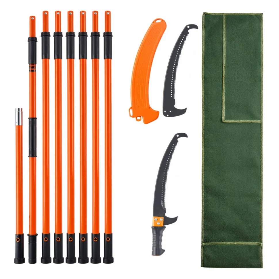 VEVOR Manual Pole Saw, 3.87-27 ft Extendable Pole Tree Pruner, Sharp 65Mn Steel Blade, Lightweight Fiberglass Handle Pole, Double-Hook Saw for High Branch Trimming, Pruning Tool for Palms, Shrubs