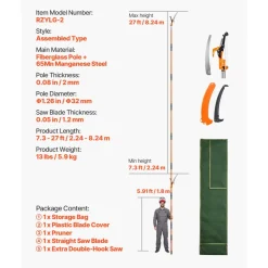VEVOR Manual Pole Saw, 7.3-27 ft Extendable Tree Pruner, Sharp Steel Blade and Scissors High Branches Trimming, Branch Trimmer with Lightweight 8 Fiberglass Handles, for Pruning Palms and Shrubs