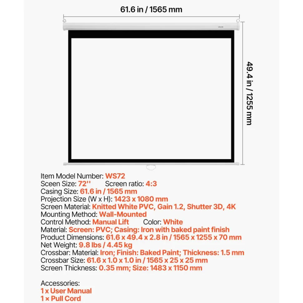 VEVOR Manual Projector Screen, 72 inch 4:3 4K 1080 HD Retractable Pull Down Projector Screen, Wall Mounted Movie Projection with Pull Rope, Portable Display Projectoin for Family Home Office Theater
