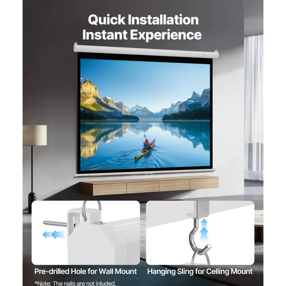 VEVOR Manual Projector Screen, 72 inch 4:3 4K 1080 HD Retractable Pull Down Projector Screen, Wall Mounted Movie Projection with Pull Rope, Portable Display Projectoin for Family Home Office Theater