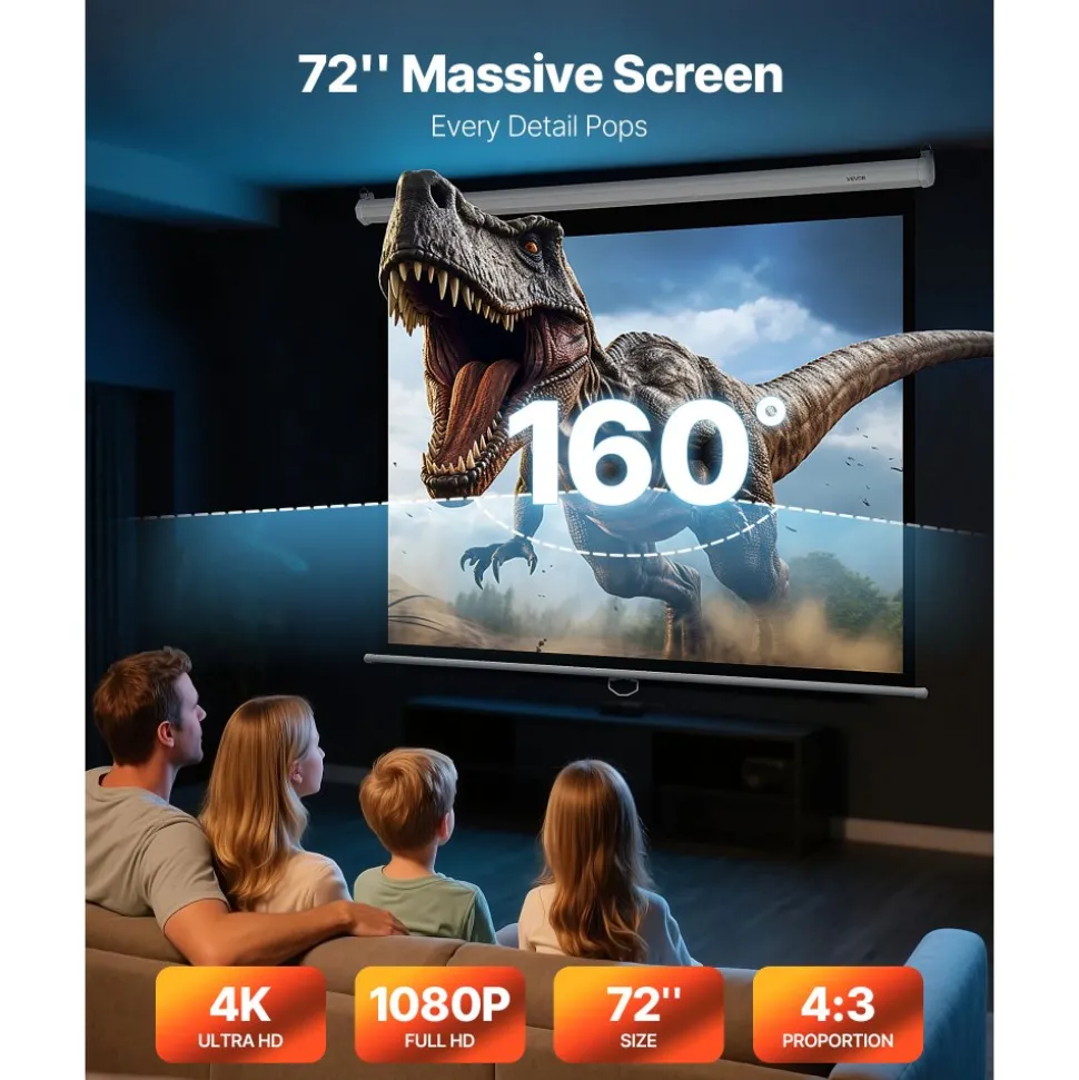 VEVOR Manual Projector Screen, 72 inch 4:3 4K 1080 HD Retractable Pull Down Projector Screen, Wall Mounted Movie Projection with Pull Rope, Portable Display Projectoin for Family Home Office Theater
