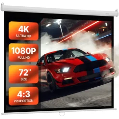 VEVOR Manual Projector Screen, 72 inch 4:3 4K 1080 HD Retractable Pull Down Projector Screen, Wall Mounted Movie Projection with Pull Rope, Portable Display Projectoin for Family Home Office Theater