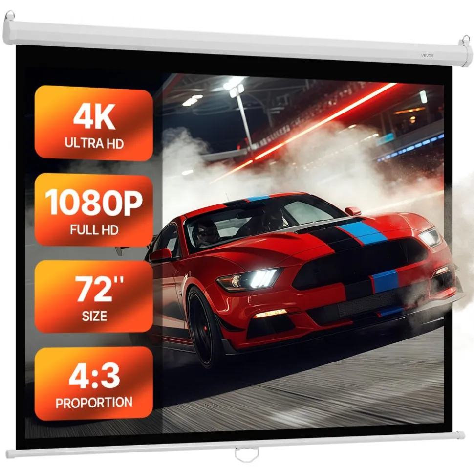 VEVOR Manual Projector Screen, 72 inch 4:3 4K 1080 HD Retractable Pull Down Projector Screen, Wall Mounted Movie Projection with Pull Rope, Portable Display Projectoin for Family Home Office Theater