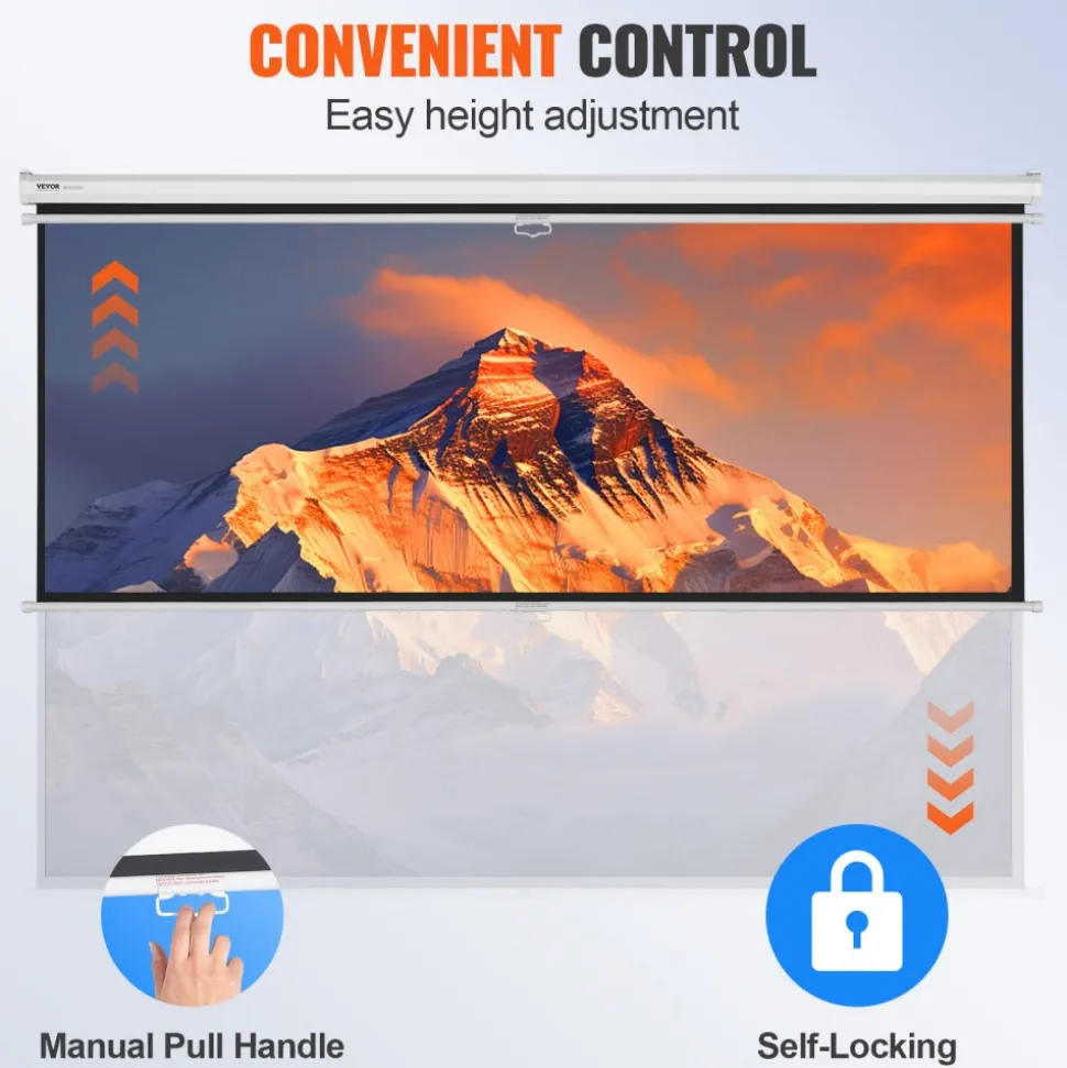 VEVOR Manual Projector Screen, 100 inch 16:9 4K 1080 HD Retractable Pull Down Projector Screen, Auto-Locking Portable Movie Screen for Family Home Office Theater