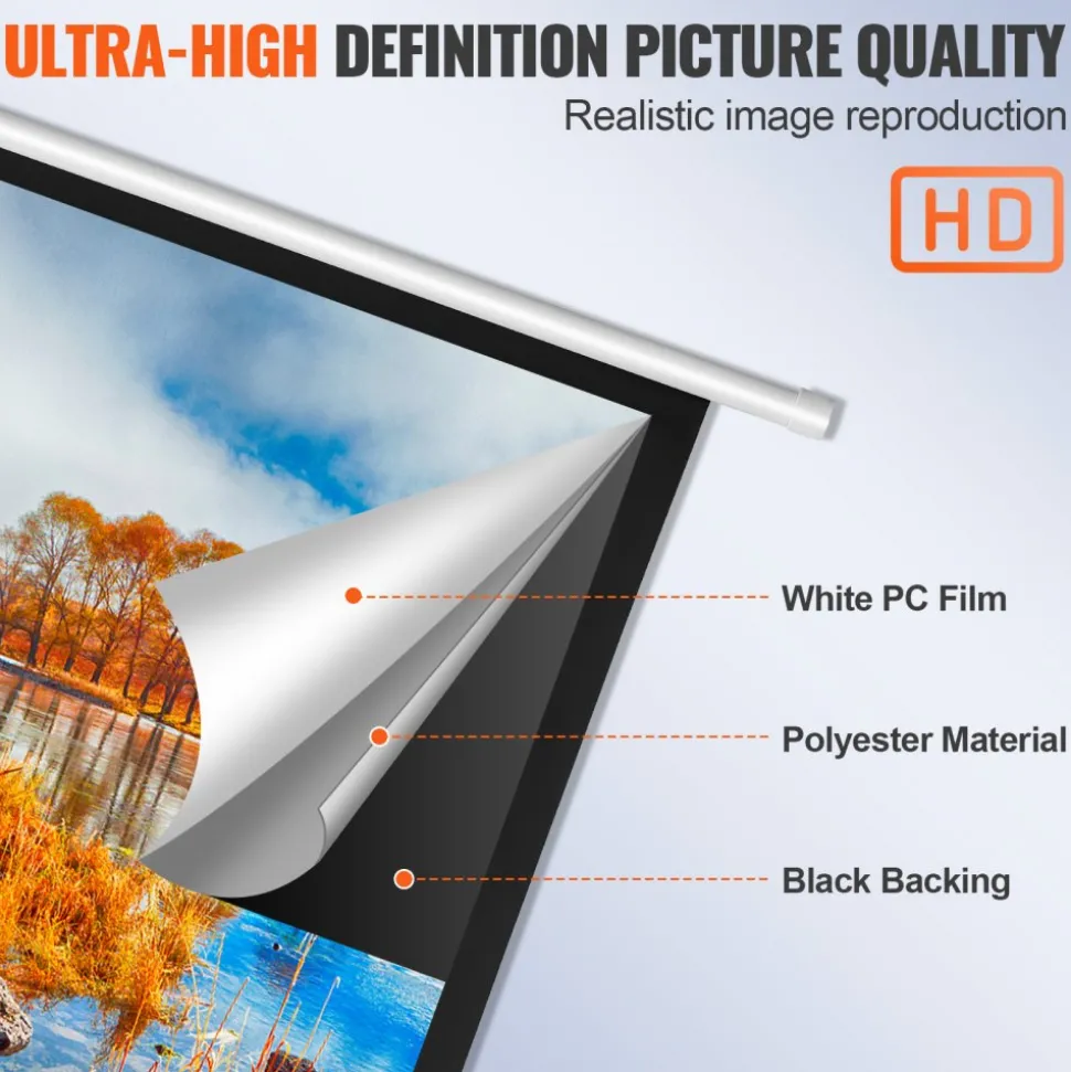 VEVOR Manual Projector Screen, 100 inch 16:9 4K 1080 HD Retractable Pull Down Projector Screen, Auto-Locking Portable Movie Screen for Family Home Office Theater