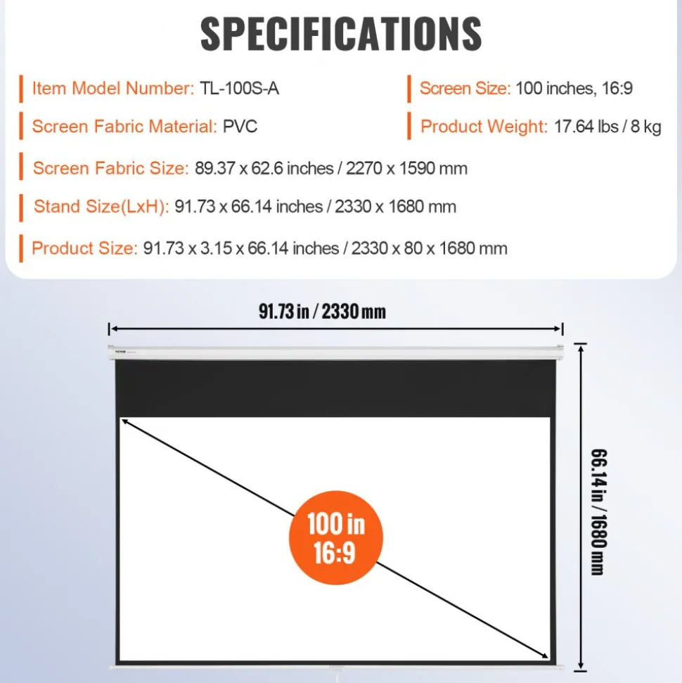 VEVOR Manual Projector Screen, 100 inch 16:9 4K 1080 HD Retractable Pull Down Projector Screen, Auto-Locking Portable Movie Screen for Family Home Office Theater