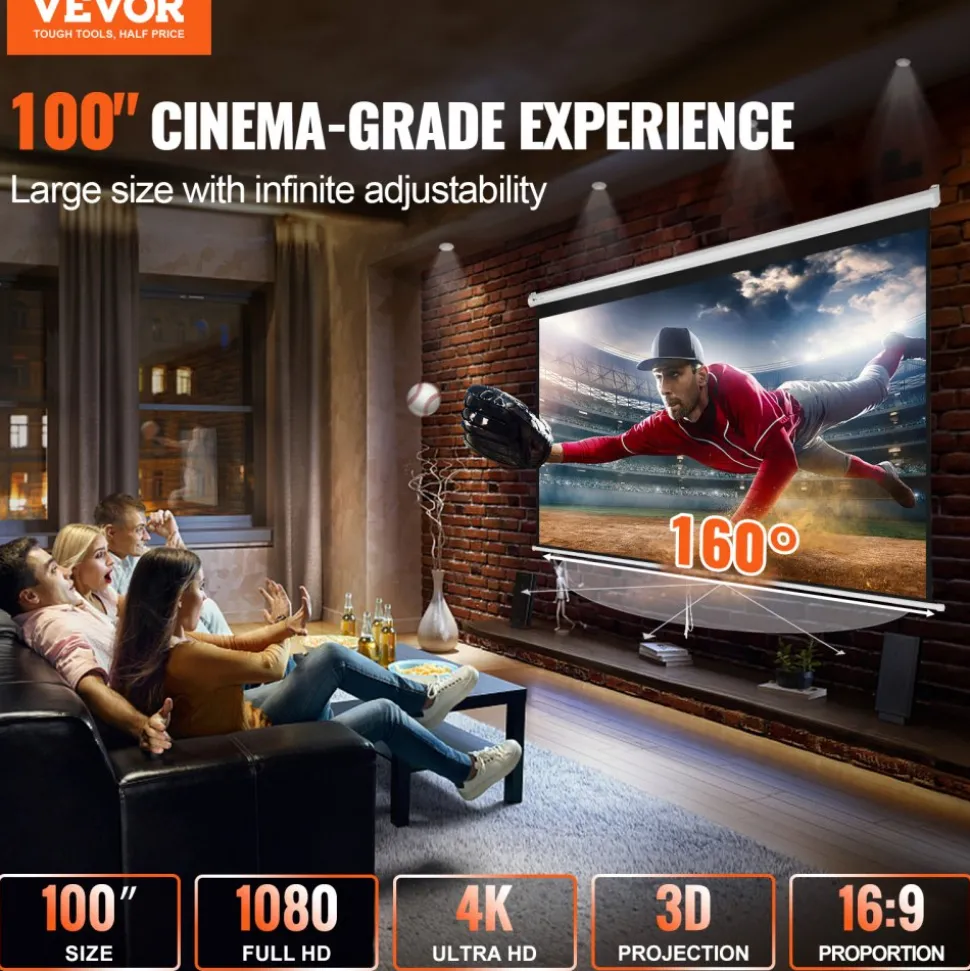 VEVOR Manual Projector Screen, 100 inch 16:9 4K 1080 HD Retractable Pull Down Projector Screen, Auto-Locking Portable Movie Screen for Family Home Office Theater