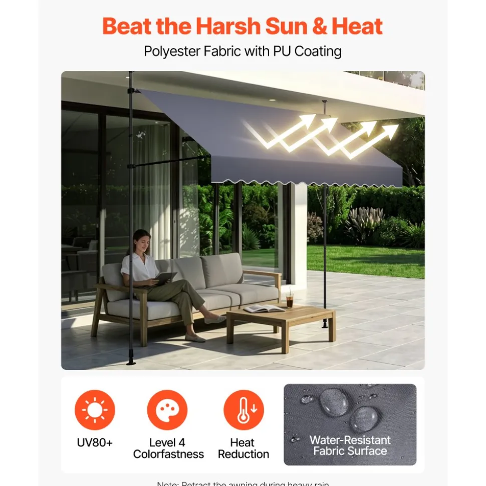 VEVOR Manual Retractable Awning, 10 x 8 ft Outdoor Patio Awning Retractable Sun Shade, Water-Resistant Polyester Patio Door Window Awning Sunshade Shelter with Crank Handle for Backyard, Balcony