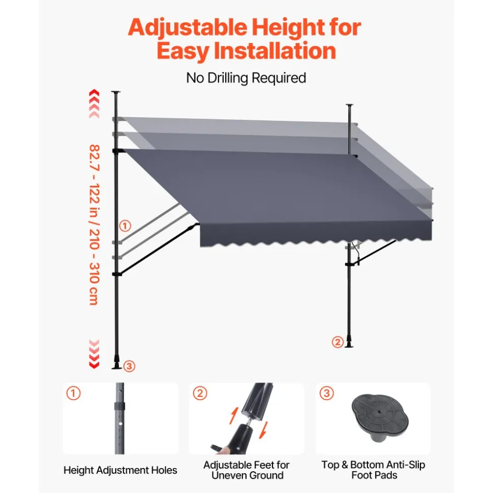 VEVOR Manual Retractable Awning, 10 x 8 ft Outdoor Patio Awning Retractable Sun Shade, Water-Resistant Polyester Patio Door Window Awning Sunshade Shelter with Crank Handle for Backyard, Balcony