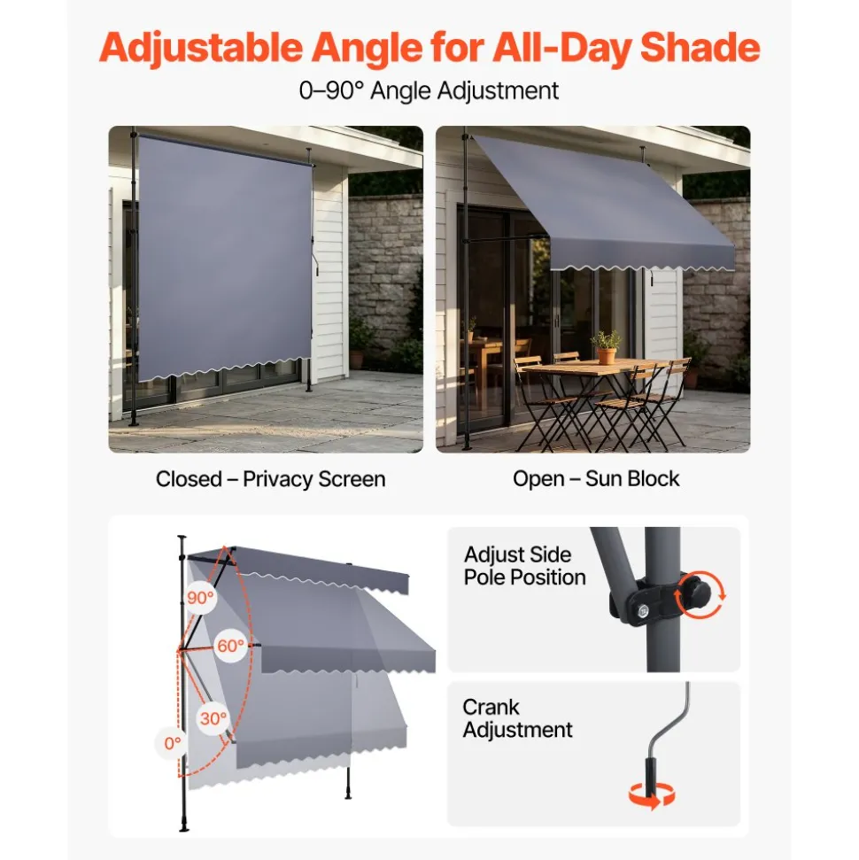 VEVOR Manual Retractable Awning, 10 x 8 ft Outdoor Patio Awning Retractable Sun Shade, Water-Resistant Polyester Patio Door Window Awning Sunshade Shelter with Crank Handle for Backyard, Balcony