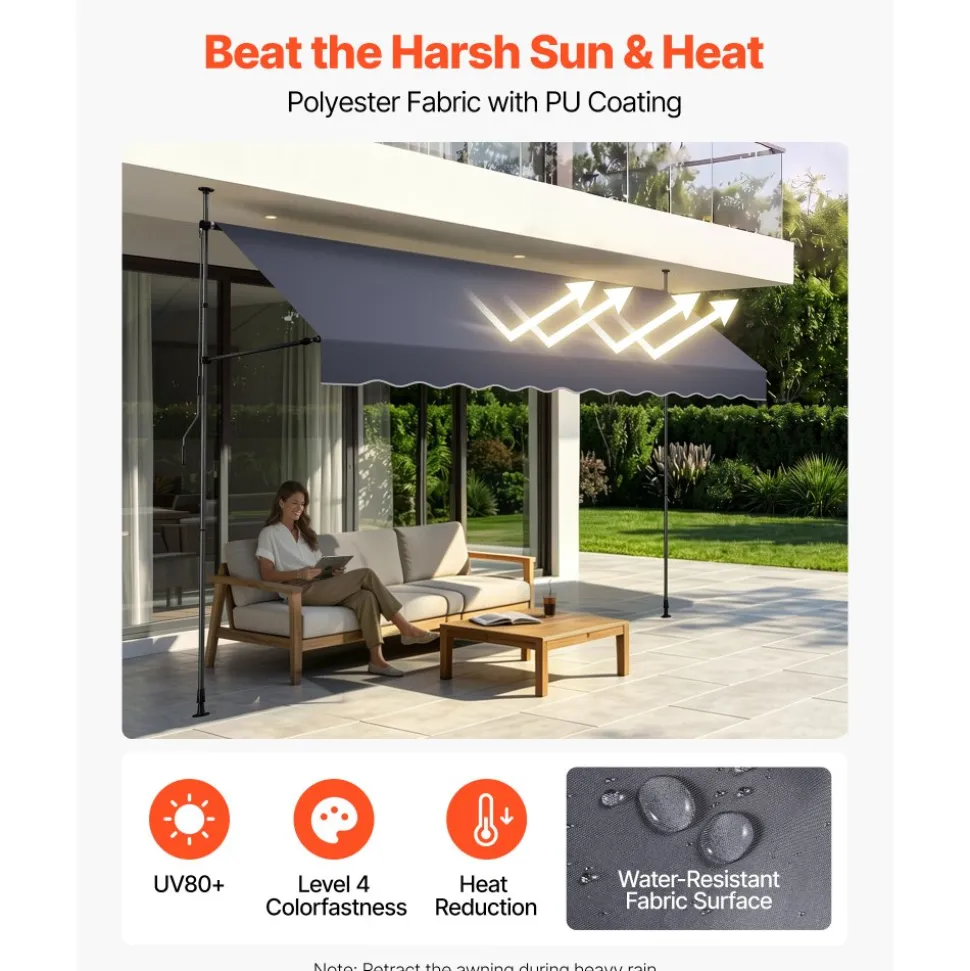 VEVOR Manual Retractable Awning, 138" Outdoor Retractable Patio Awning Sunshade Shelter, Height Adjustable Patio Door Window Canopy with Manual Crank Handle for Backyard, Garden, Balcony, Dark Gray