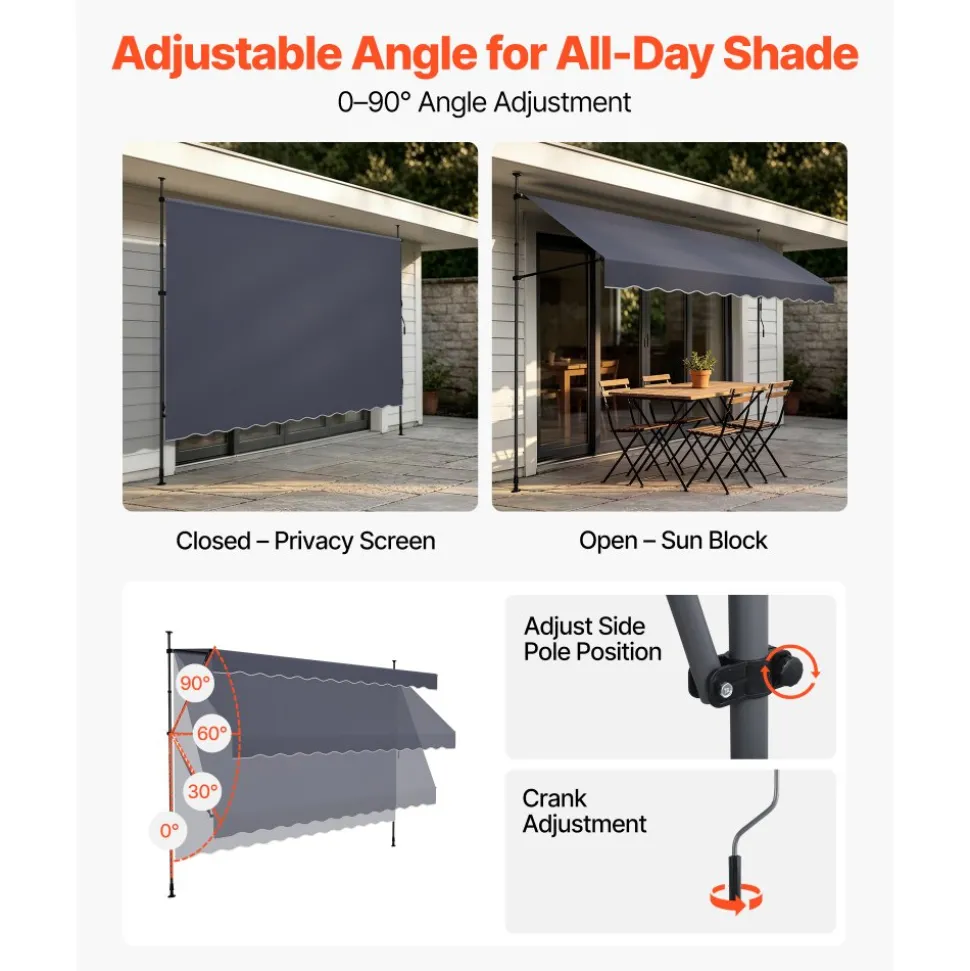 VEVOR Manual Retractable Awning, 138" Outdoor Retractable Patio Awning Sunshade Shelter, Height Adjustable Patio Door Window Canopy with Manual Crank Handle for Backyard, Garden, Balcony, Dark Gray