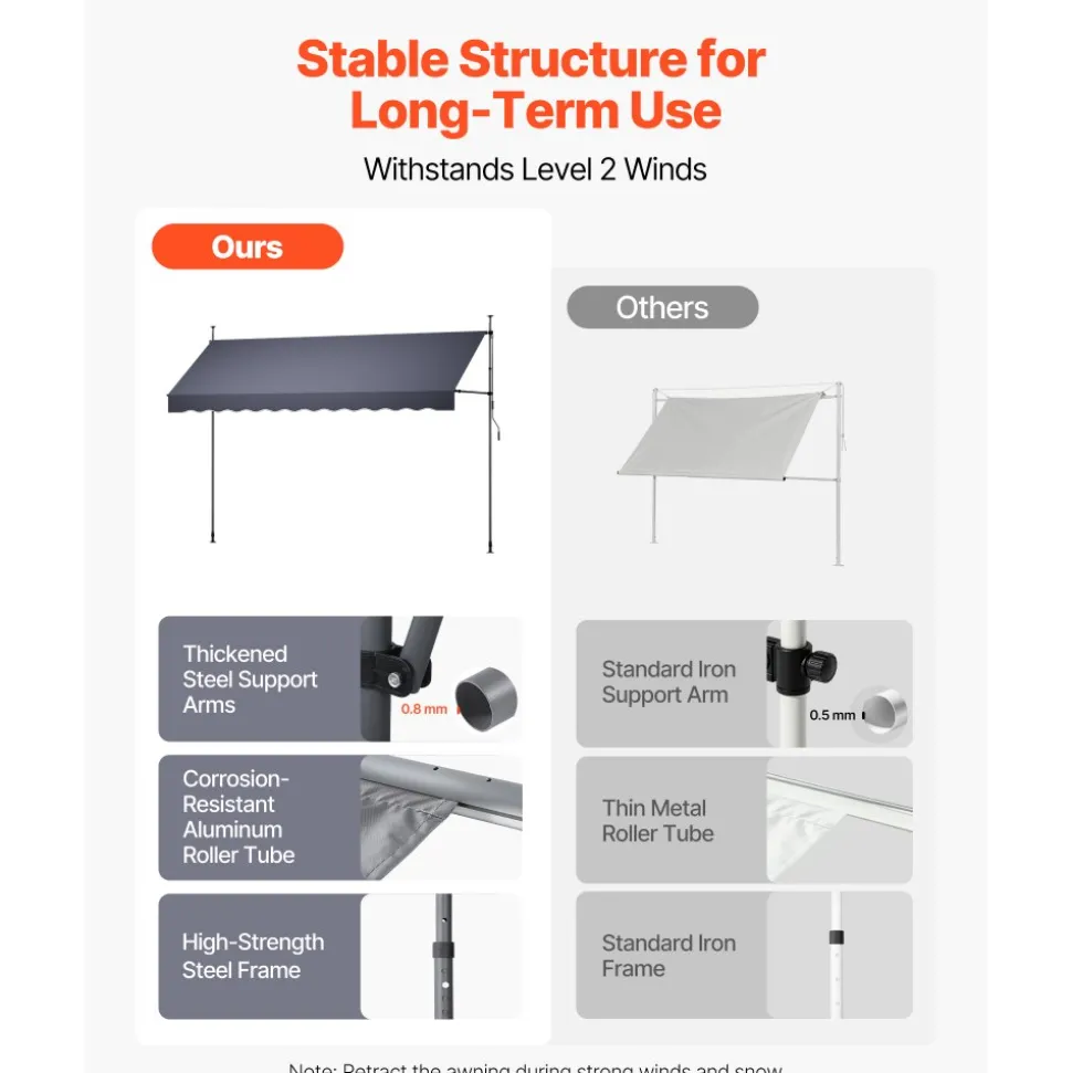VEVOR Manual Retractable Awning, 138" Outdoor Retractable Patio Awning Sunshade Shelter, Height Adjustable Patio Door Window Canopy with Manual Crank Handle for Backyard, Garden, Balcony, Dark Gray