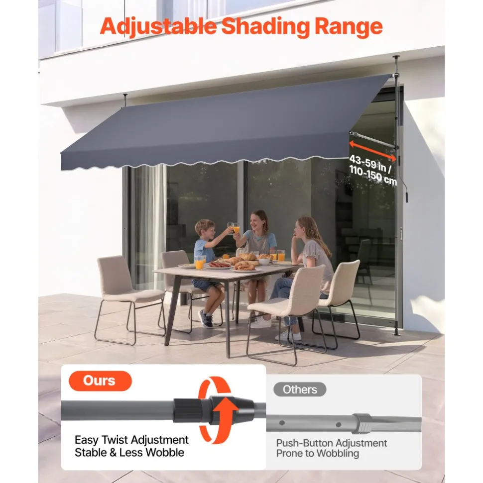 VEVOR Manual Retractable Awning, 138" Outdoor Retractable Patio Awning Sunshade Shelter, Height Adjustable Patio Door Window Canopy with Manual Crank Handle for Backyard, Garden, Balcony, Dark Gray
