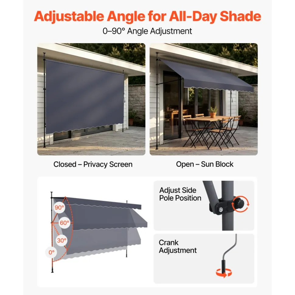VEVOR Manual Retractable Awning, 157" Outdoor Retractable Patio Awning Sunshade Shelter, Height Adjustable Patio Door Window Canopy with Manual Crank Handle for Backyard, Garden, Balcony, Dark Gray