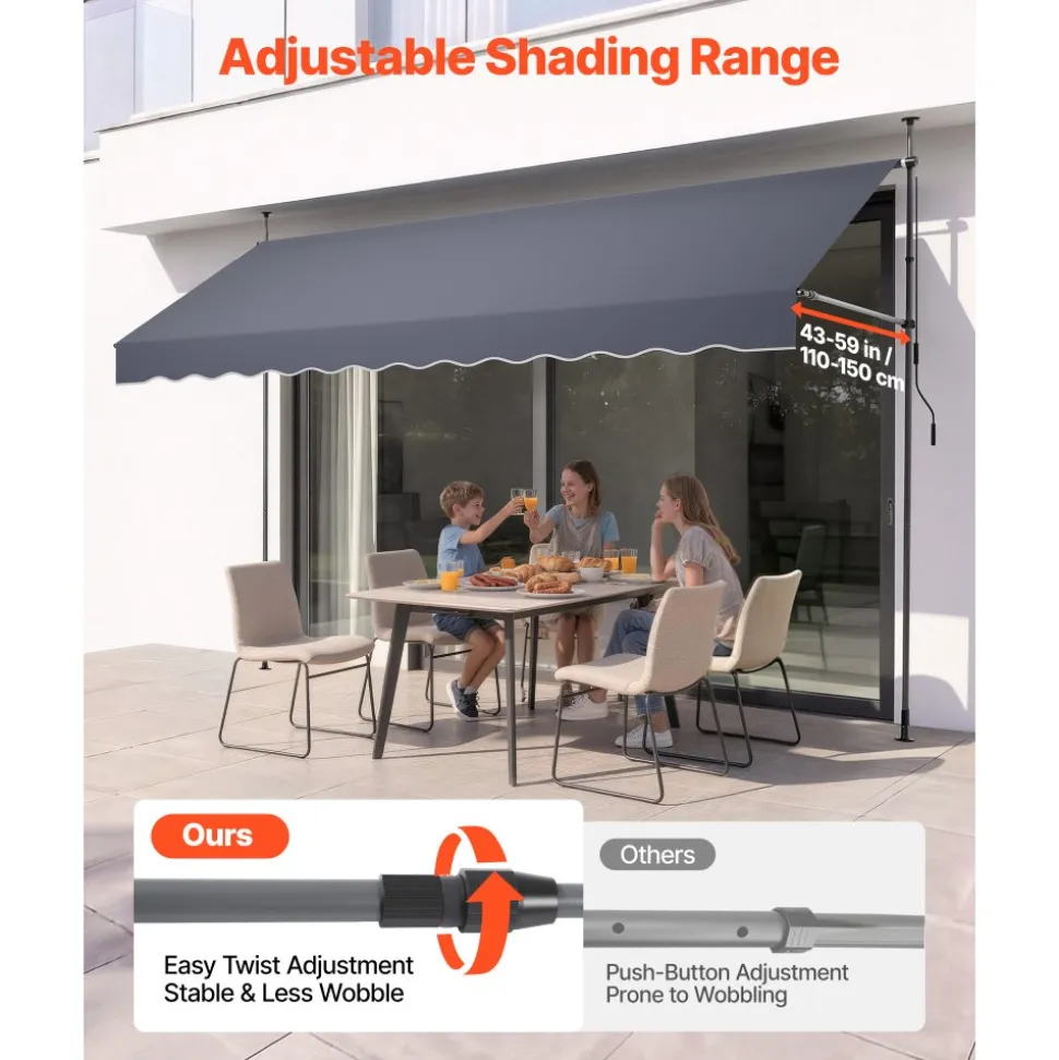 VEVOR Manual Retractable Awning, 157" Outdoor Retractable Patio Awning Sunshade Shelter, Height Adjustable Patio Door Window Canopy with Manual Crank Handle for Backyard, Garden, Balcony, Dark Gray