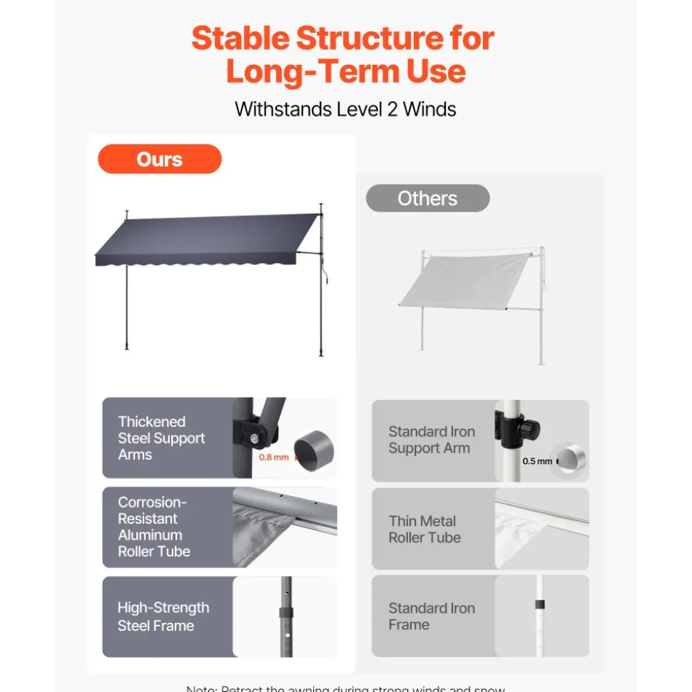 VEVOR Manual Retractable Awning, 157" Outdoor Retractable Patio Awning Sunshade Shelter, Height Adjustable Patio Door Window Canopy with Manual Crank Handle for Backyard, Garden, Balcony, Dark Gray