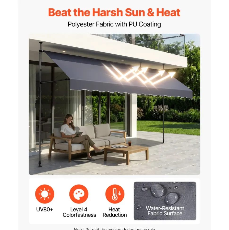 VEVOR Manual Retractable Awning, 157" Outdoor Retractable Patio Awning Sunshade Shelter, Height Adjustable Patio Door Window Canopy with Manual Crank Handle for Backyard, Garden, Balcony, Dark Gray