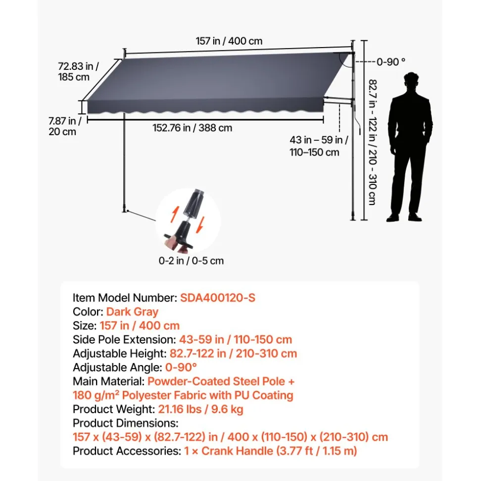 VEVOR Manual Retractable Awning, 157" Outdoor Retractable Patio Awning Sunshade Shelter, Height Adjustable Patio Door Window Canopy with Manual Crank Handle for Backyard, Garden, Balcony, Dark Gray