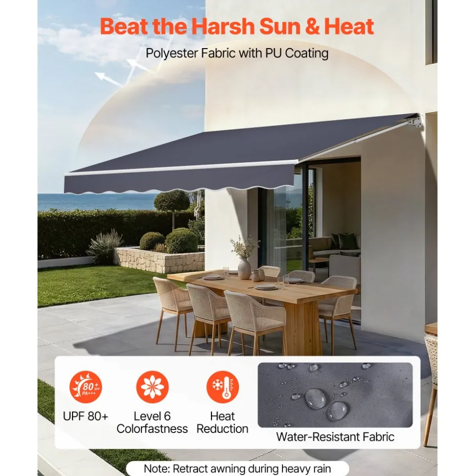 VEVOR Manual Retractable Awning, 13.1' x 9.8' Outdoor Patio Awning Retractable Sun Shade, Patio Door Window Water-Resistant Polyester Sunshade Shelter with Crank Handle for Deck, Balcony, Yard, Gray