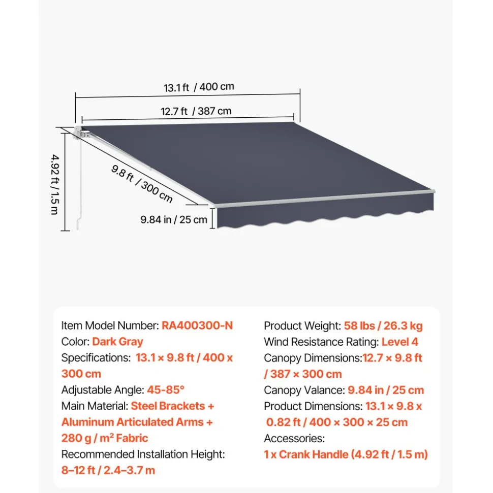 VEVOR Manual Retractable Awning, 13.1' x 9.8' Outdoor Patio Awning Retractable Sun Shade, Patio Door Window Water-Resistant Polyester Sunshade Shelter with Crank Handle for Deck, Balcony, Yard, Gray