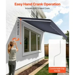 VEVOR Manual Retractable Awning, 13.1' x 9.8' Outdoor Patio Awning Retractable Sun Shade, Patio Door Window Water-Resistant Polyester Sunshade Shelter with Crank Handle for Deck, Balcony, Yard, Gray