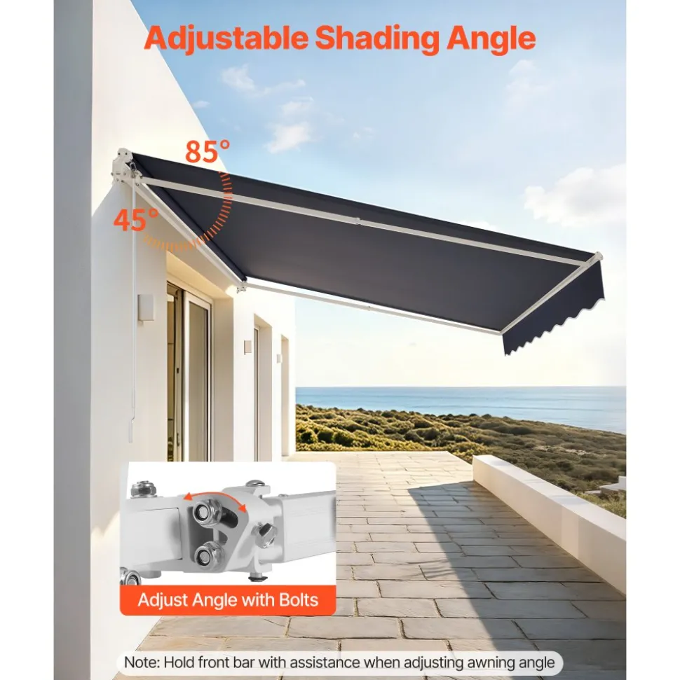 VEVOR Manual Retractable Awning, 13.1' x 9.8' Outdoor Patio Awning Retractable Sun Shade, Patio Door Window Water-Resistant Polyester Sunshade Shelter with Crank Handle for Deck, Balcony, Yard, Gray