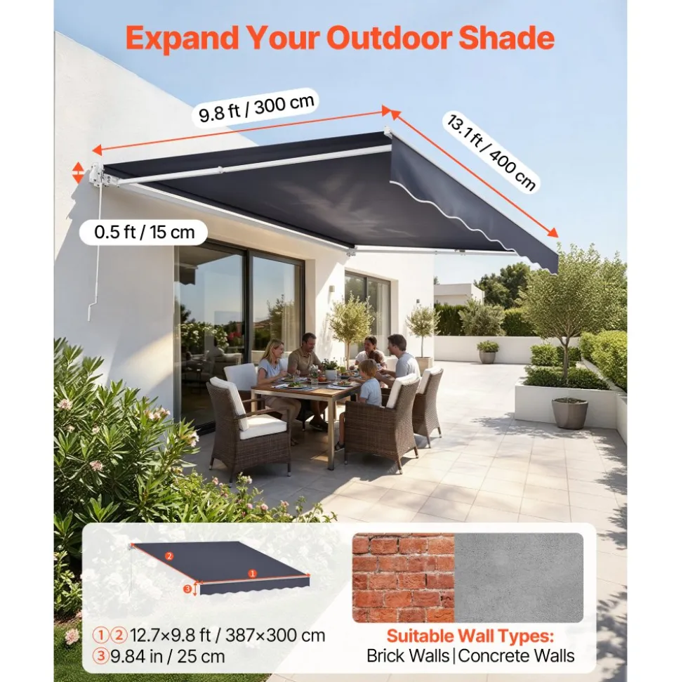 VEVOR Manual Retractable Awning, 13.1' x 9.8' Outdoor Patio Awning Retractable Sun Shade, Patio Door Window Water-Resistant Polyester Sunshade Shelter with Crank Handle for Deck, Balcony, Yard, Gray
