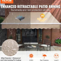 VEVOR Manual Retractable Awning, 12 x 10 ft Outdoor Patio Awning Retractable Sun Shade, Water-Resistant Polyester Patio Door Window Awning Sunshade Shelter with Crank Handle for Backyard, Balcony