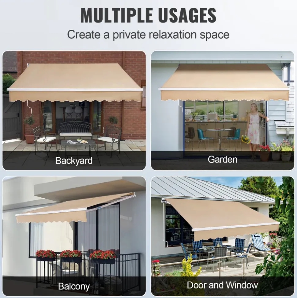 VEVOR Manual Retractable Awning, 12 x 10 ft Outdoor Patio Awning Retractable Sun Shade, Water-Resistant Polyester Patio Door Window Awning Sunshade Shelter with Crank Handle for Backyard, Balcony
