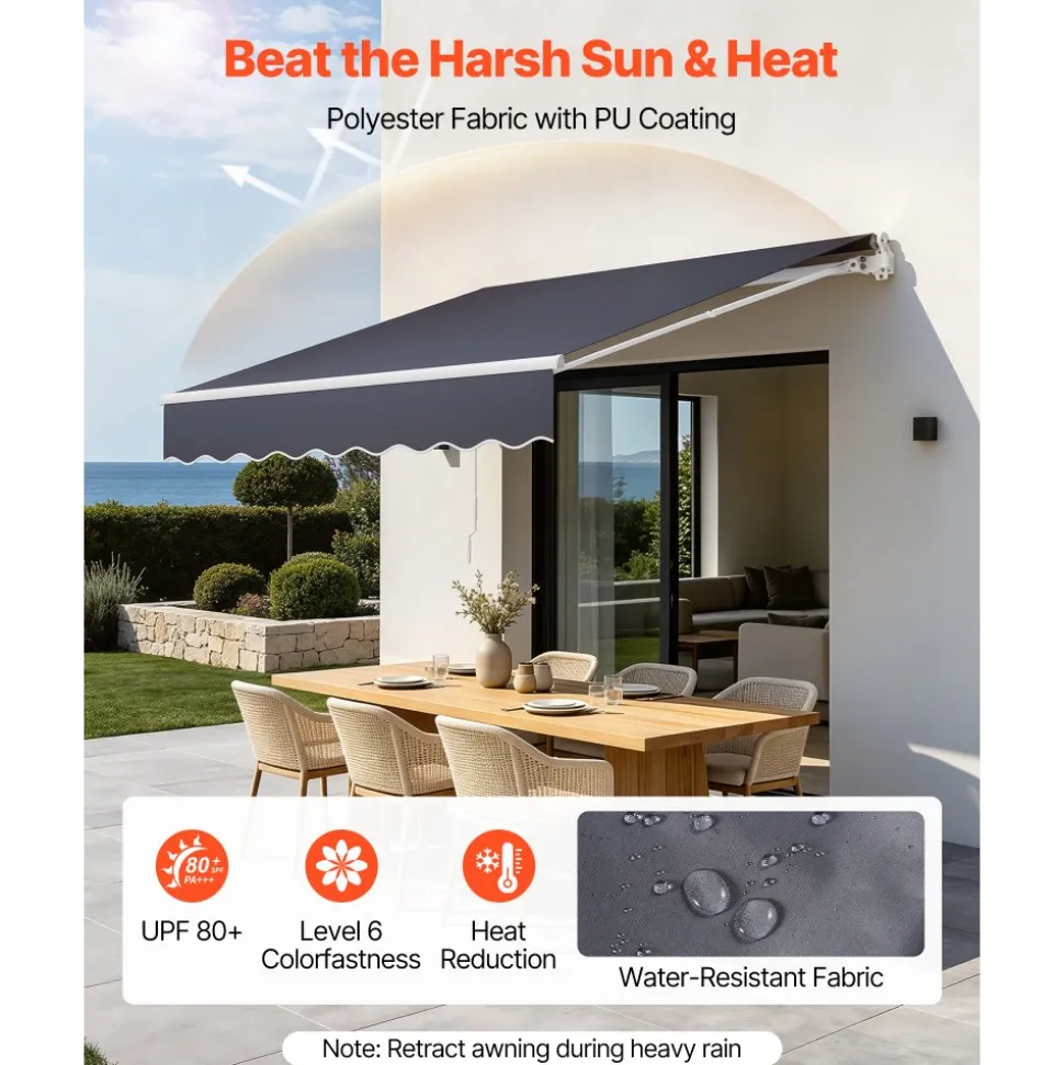 VEVOR Manual Retractable Awning, 8.2' x 6.6' Outdoor Patio Awning Retractable Sun Shade, Patio Door Window Water-Resistant Polyester Sunshade Shelter with Crank Handle for Deck, Balcony, Yard, Gray