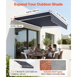 VEVOR Manual Retractable Awning, 8.2' x 6.6' Outdoor Patio Awning Retractable Sun Shade, Patio Door Window Water-Resistant Polyester Sunshade Shelter with Crank Handle for Deck, Balcony, Yard, Gray